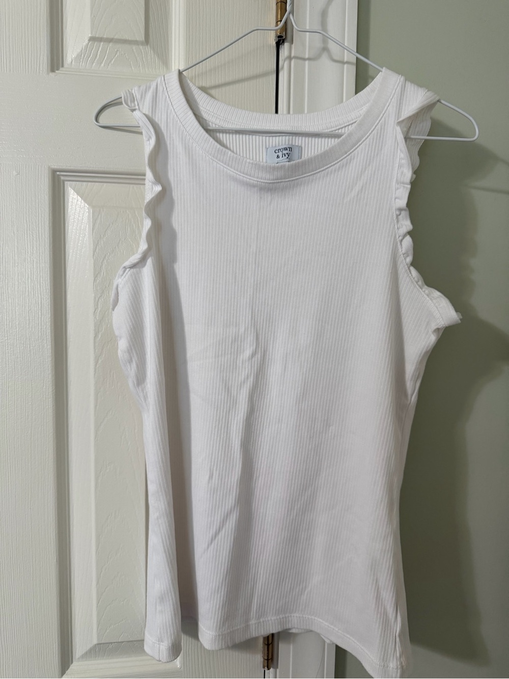 crown & ivy White Ribbed Tank with Ruffle Trim